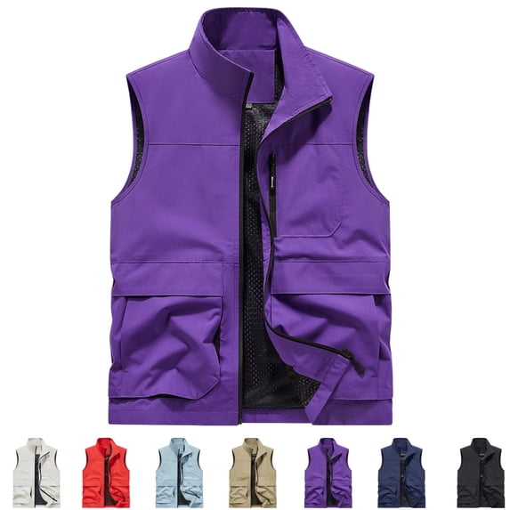 GrmtClth Men's Full Zip Stand Collar Sleeveless Vest Multi Secure Zipper Pockets Mesh Lined Breathable Outdoor Camping Walking Waistcoat Dark Purple 3XL