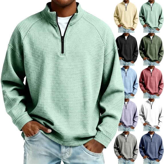 GrmtClth Men's Grid Waffle Texture 1/4 Zipper Pullover Tops Long Sleeve Half Zip Mock Neck Soft Comfortable Golf Daily Street Sweatshirts Light Green 4XL