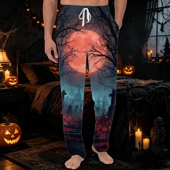 GrmtClth Men's Halloween Pajamas Pants Novelty Funny Elastic Waist Pants Witch Pumpkin Ghost Face Print Relaxed Fit Costume for 2026 Halloween with Pocket Red 2XL