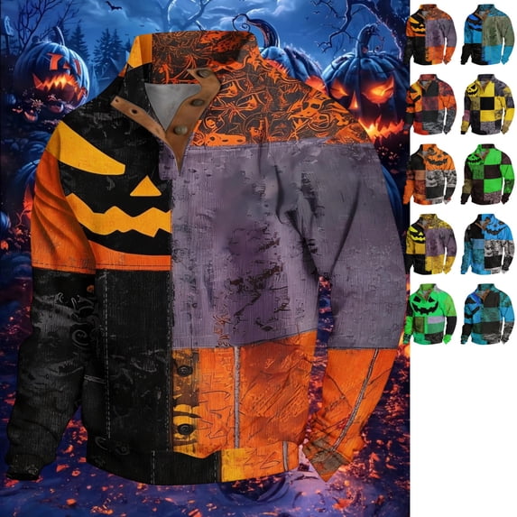 GrmtClth Men's Halloween Patchwork Graphic Long Sleeve Tops Regular Fit Spooky Jack O Lantern Skeleton Print Soft Fabric Holiday Party Athletic Shirts Brown 3XL