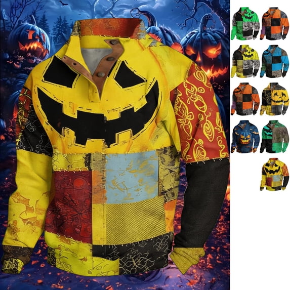 GrmtClth Men's Halloween Patchwork Waffle Shirts Long Sleeve Loose Fit Funny Skeleton Pumpkin Graphic Casual Holiday Outfit Daily Athletic Tops Black 3XL