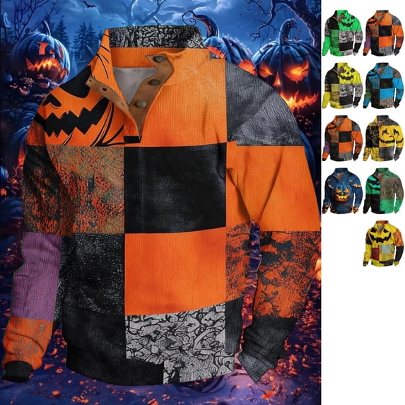 GrmtClth Men's Halloween Patchwork Waffle Shirts Long Sleeve Loose Fit Funny Skeleton Pumpkin Graphic Casual Holiday Outfit Daily Athletic Tops Coffee 3XL