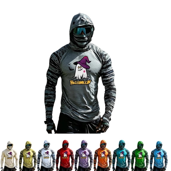 GrmtClth Men's Halloween Sun Protection Shirt Halloween Witch Hat Ghost Graphic Hooded Sun Protection Long Sleeve Daily Tops Gray L