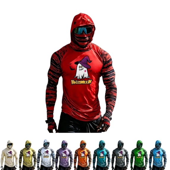 GrmtClth Men's Halloween Sun Protection Shirt Halloween Witch Hat Ghost Hooded Sun Protection Long Sleeve Mens Beach Fishing Shirts Red L