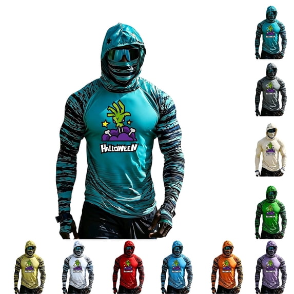 GrmtClth Men's Halloween Sun Protection Shirt Lightweight Hooded Sun Protection Long Sleeve Halloween Outdoor Daily Tops Light Blue M