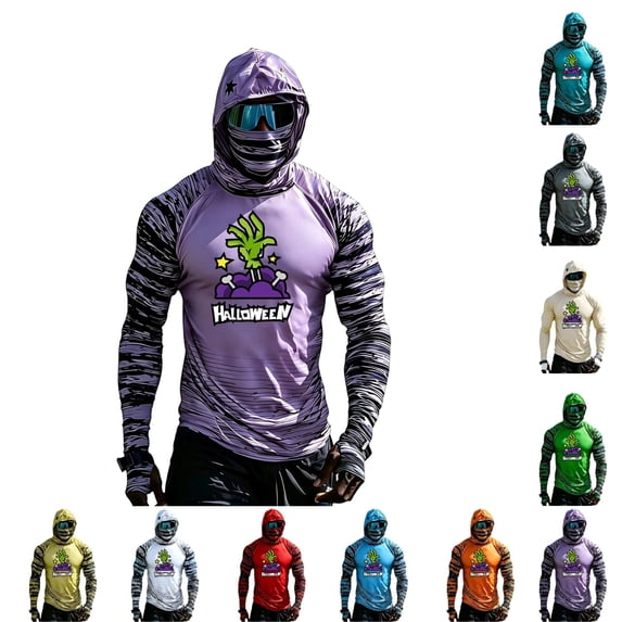 GrmtClth Men's Halloween Sun Protection Shirt Outdoor Kayaking Hooded Sun Protection Long Sleeve Halloween Mens Tops Purple L