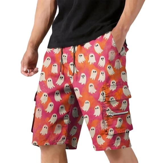 GrmtClth Men's Halloween print shorts Cartoon Pumpkin Multi Storage Cargo Short Pants Lightweight Summer Short Trousers Travel Fun Casual Clothes Red M