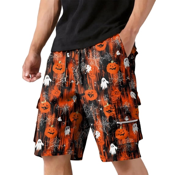 GrmtClth Men's Halloween print shorts Cute Jack O Lantern Street Cargo Short Pants Quick Dry Multi Storage Pocket Breathable Summer Shorts Travel Fun Party Clothing Red 2XL