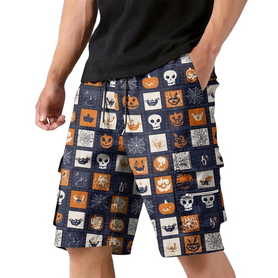 GrmtClth Men's Halloween print shorts Fun Cartoon Pumpkin Travel Short Pants Loose Multi Zipper Pocket Summer Cargo Shorts Outdoor Fun Beach Clothing Green L