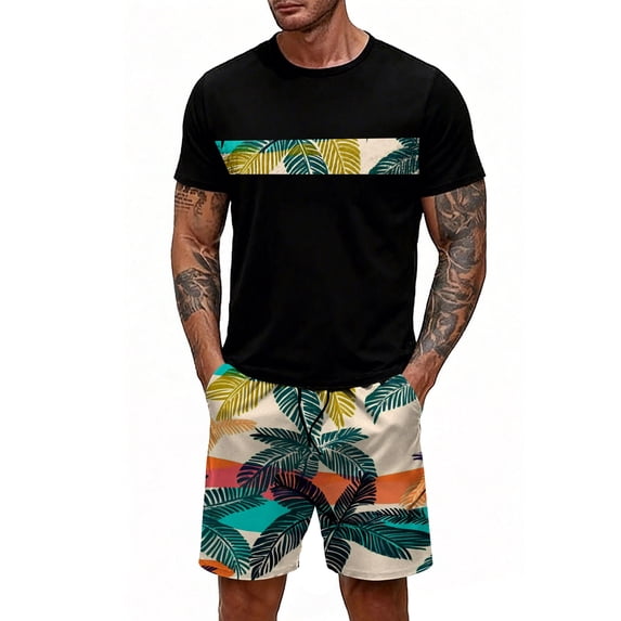 GrmtClth Men's Hawaii 2 Piece Outfits Tropical Crew Neck T-Shirt and Shorts Set Lightweight Short Sleeve Outfit Comfy Elastic Drawstring Clothes Khaki M
