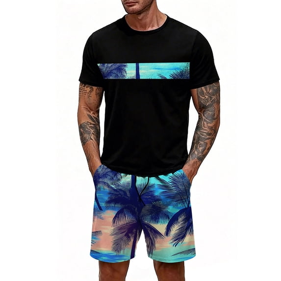 GrmtClth Men's Hawaii 2 Piece Outfits Tropical Crew Neck T-Shirt and Shorts Set Relaxed Fit Short Sleeve Outfits Soft Elastic Drawstring Clothes Dark Blue XL