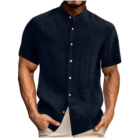 GrmtClth Men's Henley Cotton Linen Shirts Short Sleeve Casual Shirts Button Down Shirts Trendy Summer Beach Vacation Tops Navy XL