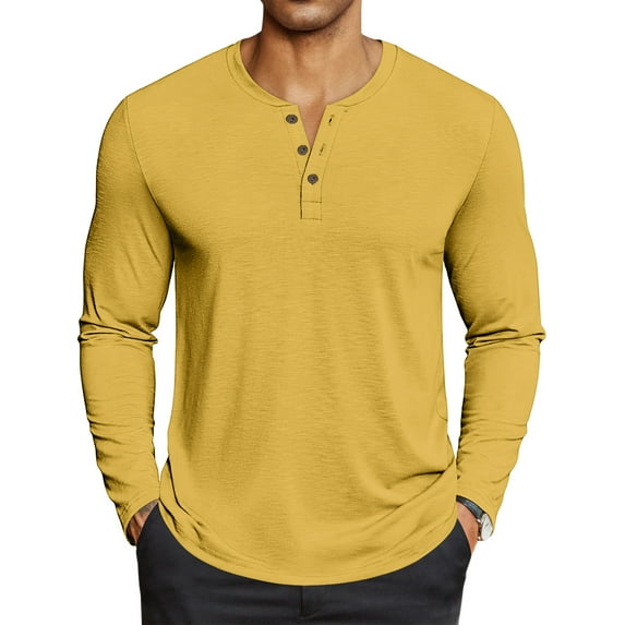 GrmtClth Men's Henley Shirt Basic Long Sleeve Button T-Shirt Cotton Blend Lightweight Soft Basic Top Shirts 2025 Fall Yellow XL