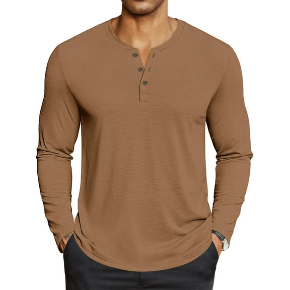 GrmtClth Men's Henley Shirt Basic Long Sleeve Button T-Shirt Cotton Blend Raglan Lightweight Loose Fit Pullover Shirt 2025 Fall Light Brown XXL