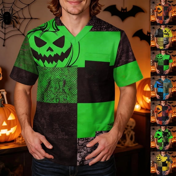 GrmtClth Men's Holiday Halloween Nursing Scrub Uniform Tops Short Sleeve V Neck Mixed Plaid Spliced Pumpkin Print Lightweight Stretch Comfort Daily Clinic Shirts Light Green M
