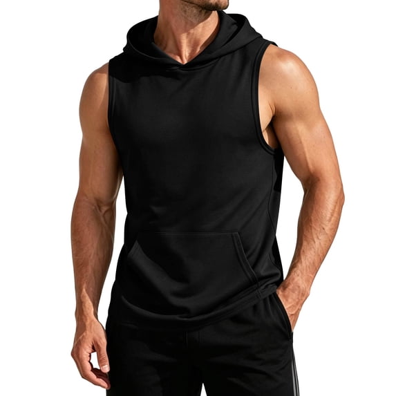 GrmtClth Men's Hooded Sleeveless Tank Top Casual Workout Shirt with Kangaroo Pocket Lightweight Breathable Everyday Wear Tops Black S