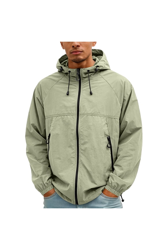 Men's Hooded Windbreaker Jacket, Lightweight Full Zip Up Rain Jacket with Pockets, Water-Resistant Casual Outerwear Sun Protection Clothing Army Green XL
