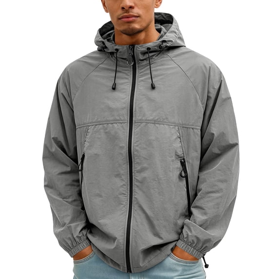 GrmtClth Men's Hooded Windbreaker Jacket, Lightweight Full Zip Up Rain Jacket with Pockets, Water-Resistant Casual Outerwear Sun Protection Clothing Gray 3XL