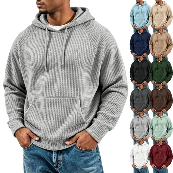 GrmtClth Men's Hoodies Waffle Knit Quarter Zip Relaxed-Fit Pullover with Kangaroo Pocket Ribbed Cuffs Hem Light Gray S