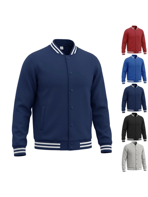Men's Jacket All Season Comfort Varsity Baseball Letterman Long Sleeve Athletic Bomber Outer Coat with Pockets Navy S
