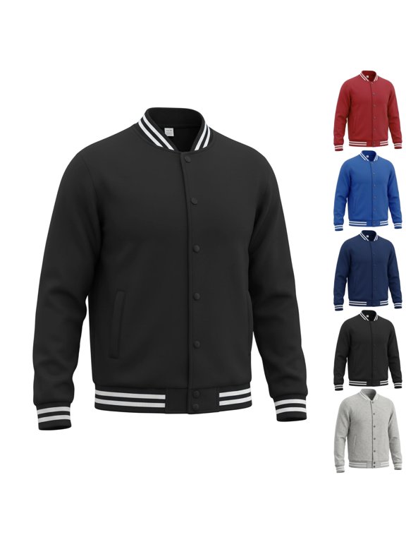 Men's Jacket Casual Snap Button Varsity Baseball Windbreaker Bomber Long Sleeve Versatile Outerwear for Travel Black M