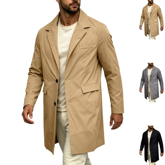 GrmtClth Men's Lapel Trench Coat Single Breasted Length Long Sleeve Lightweight Business Overcoat Casual Windbreaker Outerwear with Pockets
