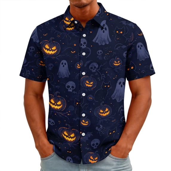 GrmtClth Men’s Light Halloween Button Down Shirt Short Sleeve Gothic Forest Ghost Bat Full Print Loose Fit Party Vacation Blouse Purple M