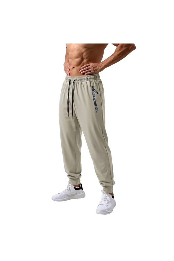 Men's Light Thin Ice Silk Micro Stretch Athletic Jogger Trousers Adjustable Drawcord Waist Zipper Pocket Casual Travel Walking Pants Khaki S