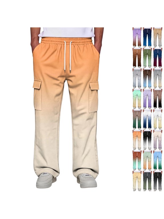 Men's Lightweight Color Block Cargo Jogging Pants Gradient Multi Pocket Outdoor Hiking Casual Slacks Orange S
