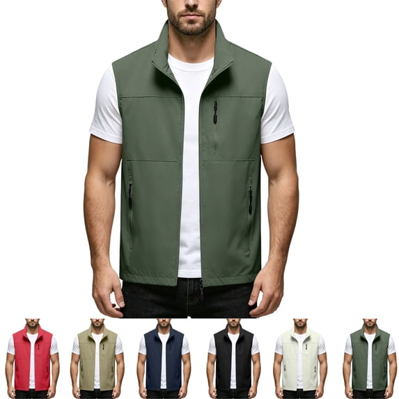 GrmtClth Men's Lightweight Outdoor Vest Full Zip Stand Collar Multiple Secure Pockets Breathable Fabric Fishing Hiking Waistcoat Army Green XL