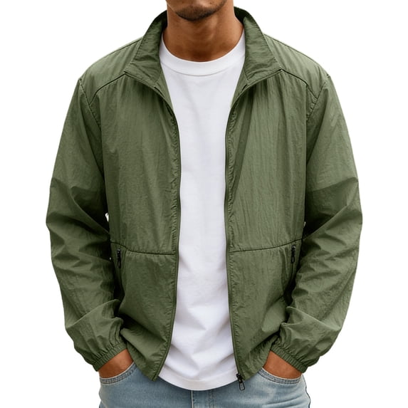 GrmtClth Men's Lightweight Stand Collar Windbreaker Jacket, Casual Full Zip Up Outerwear with Pockets, Breathable Coat Sun Protection Clothing Army Green 2XL