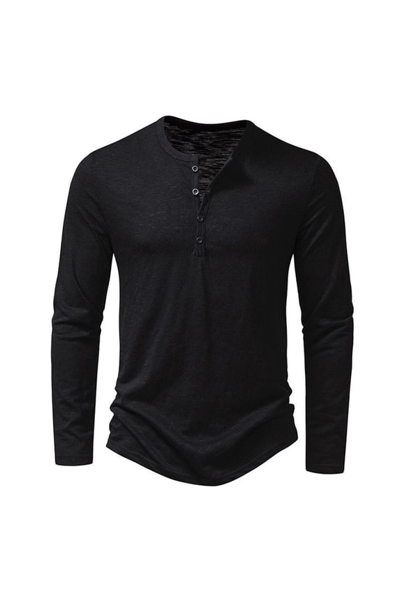 Men's Linen Long Sleeve Henley T-Shirt Button Placket Slim Fit Casual Lightweight Top Basic Layering Tee Streetwear Fashion Blouse Black 3XL
