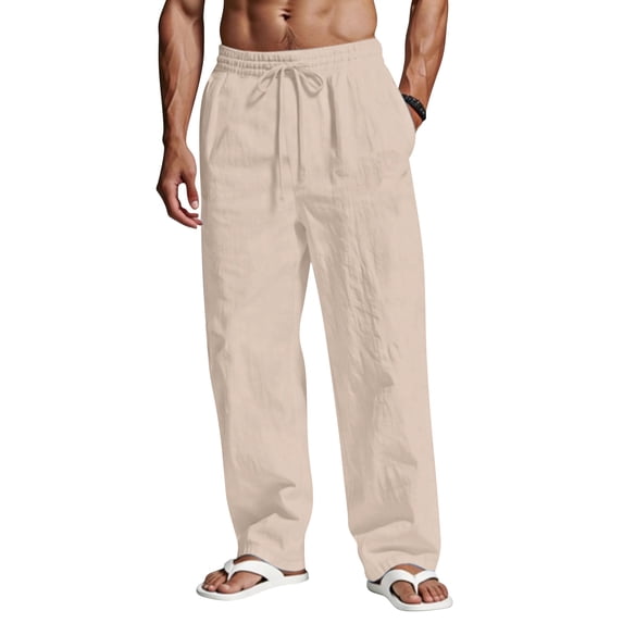 GrmtClth Men's Linen Pants Loose Fit Wide Leg Trousers Lightweight Drawstring Waist Casual Beach Pants with Pockets Khaki 2XL