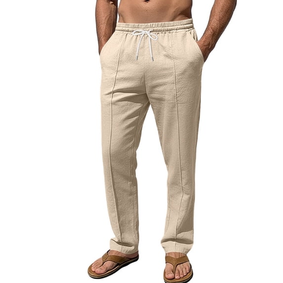 GrmtClth Men's Linen Textured Drawstring Pants Straight Leg Casual Trousers Elastic Waist Loose Fit Summer Pants with Pockets Khaki S