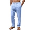 thumbnail image 1 of GrmtClth Men's Linen Textured Drawstring Pants Straight Leg Casual Trousers Elastic Waist Loose Fit Summer Pants with Pockets Light Blue L, 1 of 4