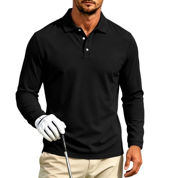 GrmtClth Men's Long Sleeve Golf Polo Shirt 3 Button Placket Collared Athletic Top Wrinkle Resistant Breathable Casual Business Full Sleeve Polo T-Shirt Black L