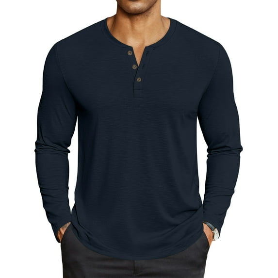 GrmtClth Men's Long Sleeve Henley Shirt Cotton Blend Comfy T-Shirt Lightweight Casual Button Pullover Shirt 2025 Fall Navy S