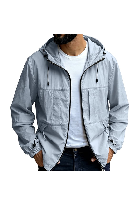 Men's Multi-Pocket Hooded Utility Jacket, Lightweight Full Zip Up Windbreaker Casual Outerwear with Adjustable Cuffs Sun Protection Clothing Blue XL