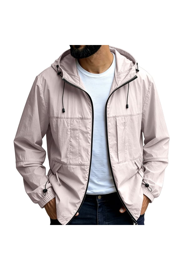 Men's Multi-Pocket Hooded Utility Jacket, Lightweight Full Zip Up Windbreaker Casual Outerwear with Adjustable Cuffs Sun Protection Clothing Pink M