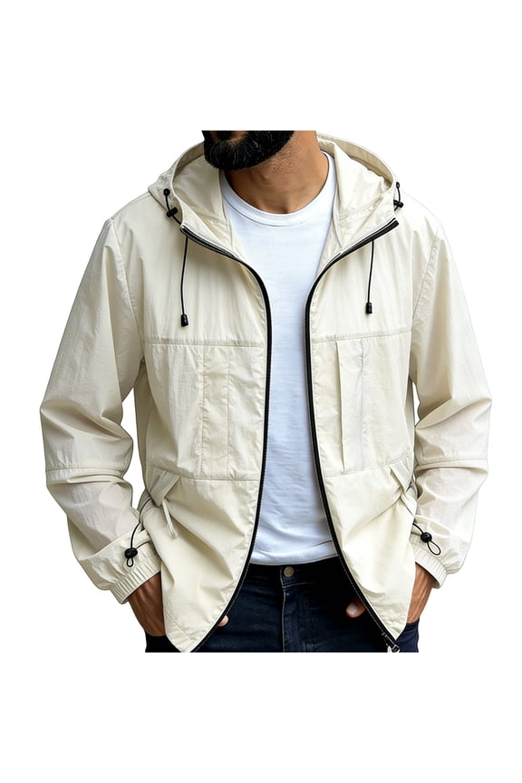 Men's Multi-Pocket Hooded Utility Jacket, Lightweight Full Zip Up Windbreaker Casual Outerwear with Adjustable Cuffs Sun Protection Clothing White XL