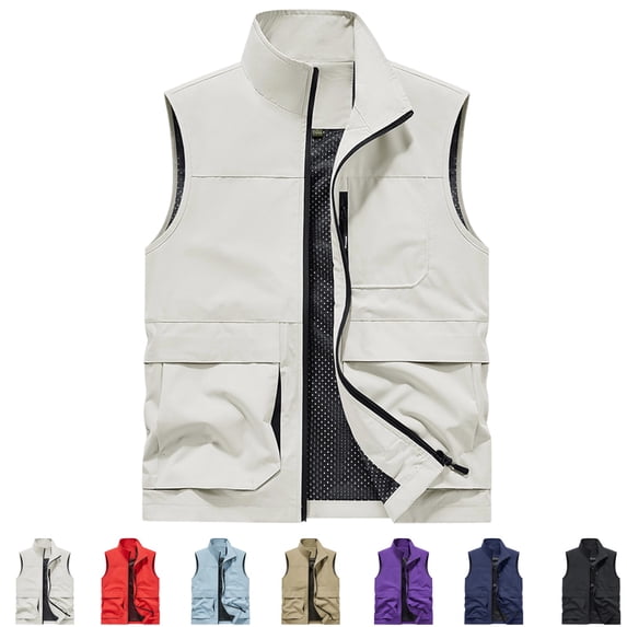 GrmtClth Men's Multi Storage Pocket Casual Vest Stand Collar Zip Closure Lightweight Mesh Lined Breathable Outdoor Sports Waistcoat White L