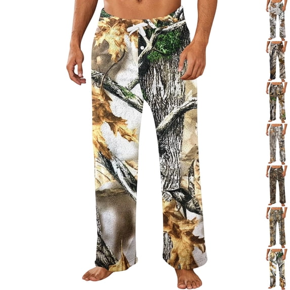 GrmtClth Men's Nature Foliage Printed Loungewear Pants Tree Camo Design Drawstring Waist Loose Straight Leg Sleep Trousers Bronze L