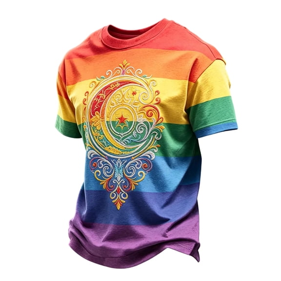 GrmtClth Men's Ornate Embroidered Crescent Moon T-Shirt Rainbow Stripe LGBTQ+ Pride Short Sleeve Crew Neck Casual Wear Ginger 3XL