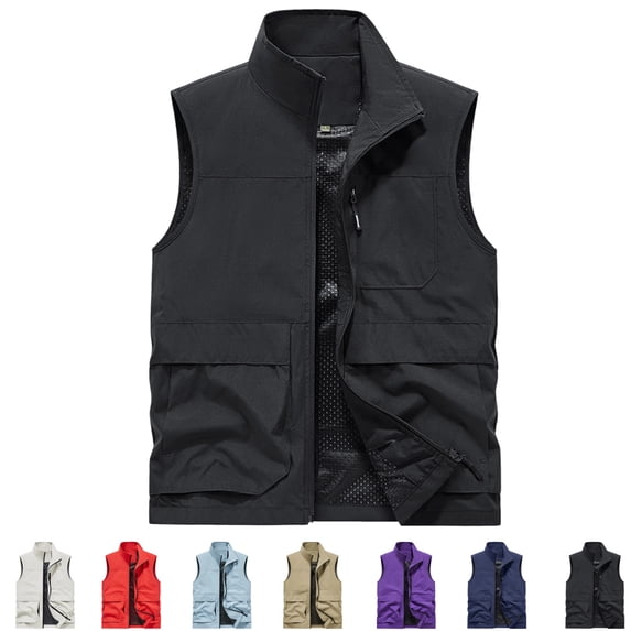 GrmtClth Men's Outdoor Casual Sleeveless Vest Zipper Front Stand Collar Multi Pockets Mesh Lining Lightweight Breathable Travel Walking Waistcoat Black 3XL