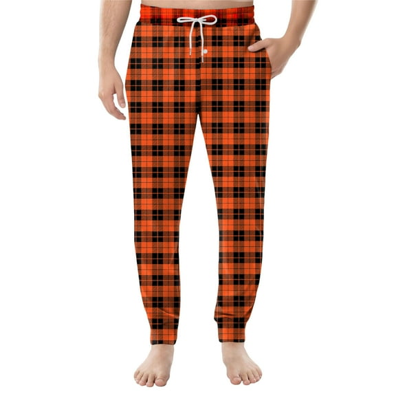 GrmtClth Men's Pajama Pants Lightweight Lounge Plaid Jogger Sleep Pants Comfy Basic Pajama Bottoms with Drawstring & Pockets Saffron L