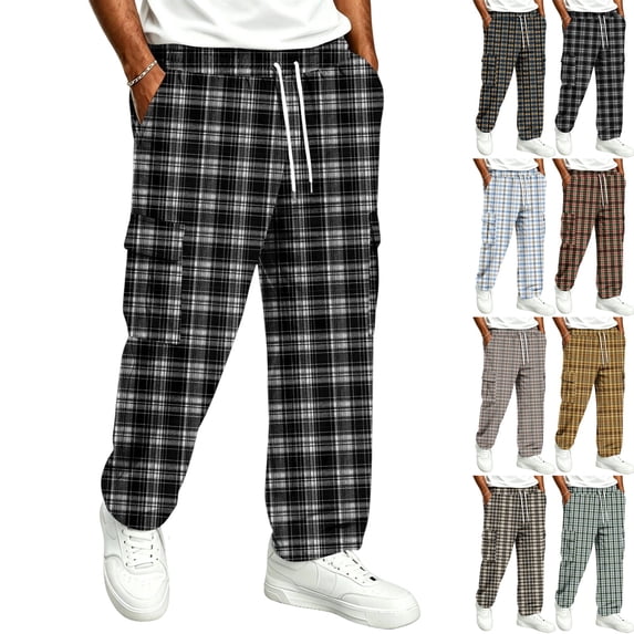 GrmtClth Men's Pants Lounge Sweatpants Plaid Clothes Comfy Baggy Trendy Soft Waist Drawstring with Pockets Black XL