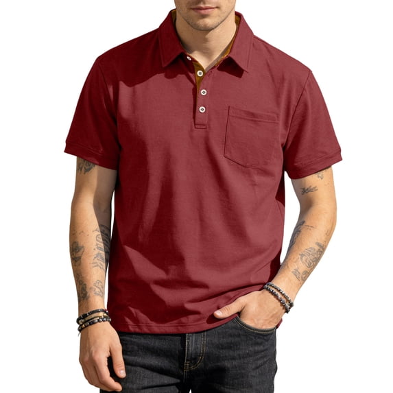GrmtClth Men's Polo Shirts 2026 Basic Collared Golf Shirt Loose Short Sleeve Top Summer with Pocket Outfit with Button Wine L