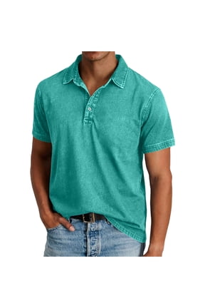 Men's Polo Shirts Distressed Washed Golf Stylish Shirts Short Sleeve Button Down Denim Shirt Relaxed Fit Vintage Shirts Oversized Boxy Tee Shirts with Pocket Green M