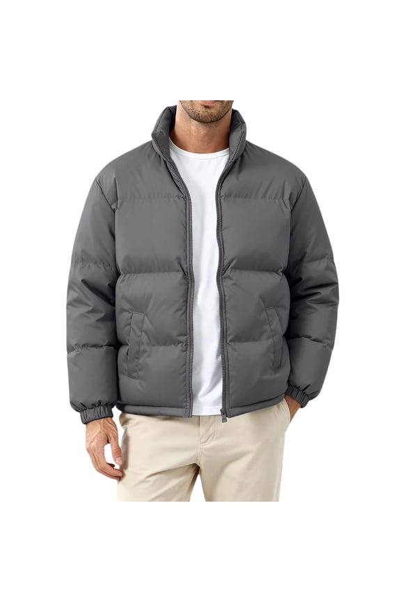 Men's Puffer Jacket Thicken Windproof Full Zip Up Down Coat Trendy Stand Collar Long Sleeve Bubble Coat Dark Gray 2XL