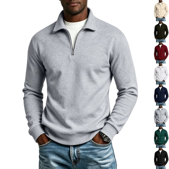GrmtClth Men's Quarter Zip Stand Collar Sweatshirt Lightweight Knit Long Sleeve Polo Shirt Plush Fleece Lined Sweaters Gray S